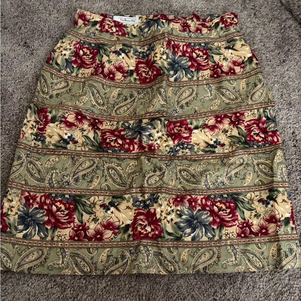 Talbots Green and Red Floral A-Line Skirt